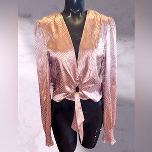 Anthropologie Entro Crop Top Pink Metallic Bishop Sleeve Tie Front Size Small